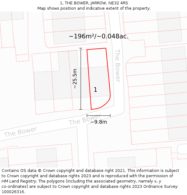 1, THE BOWER, JARROW, NE32 4RS: Plot and title map