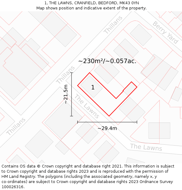 1, THE LAWNS, CRANFIELD, BEDFORD, MK43 0YN: Plot and title map