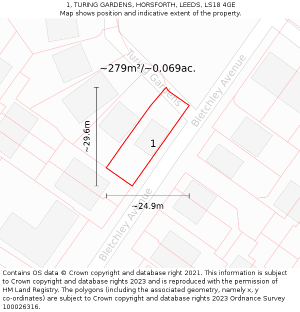 1, TURING GARDENS, HORSFORTH, LEEDS, LS18 4GE: Plot and title map