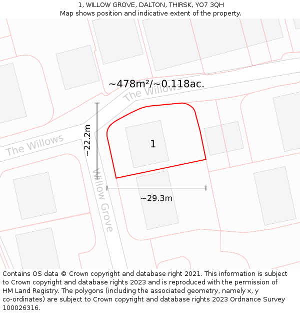 1, WILLOW GROVE, DALTON, THIRSK, YO7 3QH: Plot and title map
