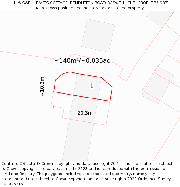 1, WISWELL EAVES COTTAGE, PENDLETON ROAD, WISWELL, CLITHEROE, BB7 9BZ: Plot and title map