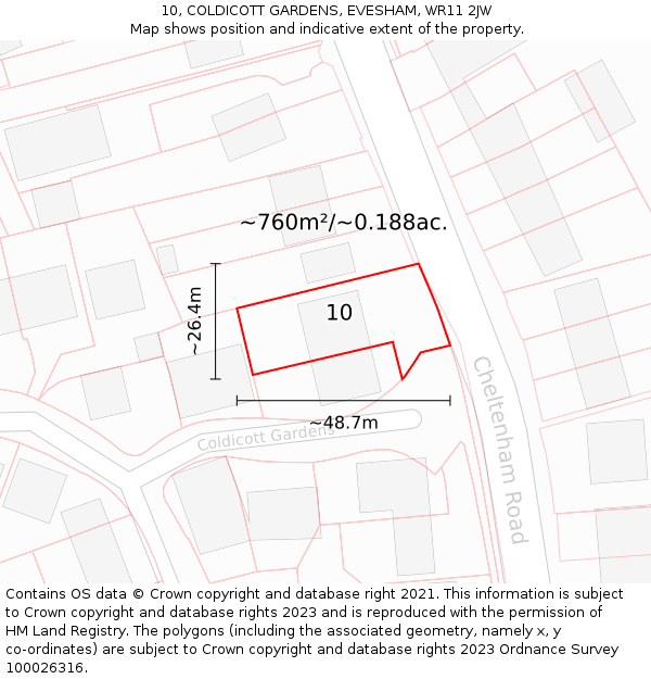 10, COLDICOTT GARDENS, EVESHAM, WR11 2JW: Plot and title map