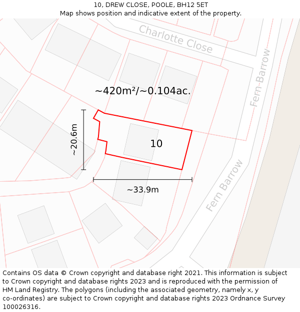 10, DREW CLOSE, POOLE, BH12 5ET: Plot and title map