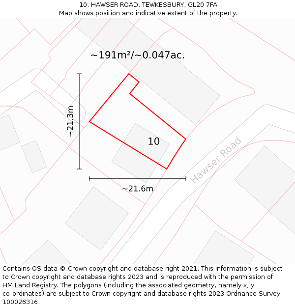 10, HAWSER ROAD, TEWKESBURY, GL20 7FA: Plot and title map