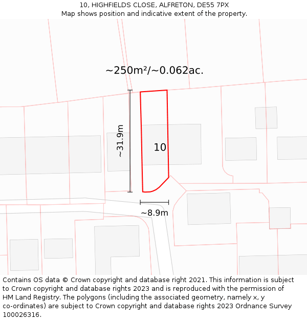 10, HIGHFIELDS CLOSE, ALFRETON, DE55 7PX: Plot and title map