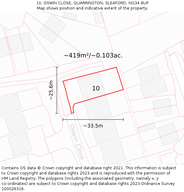 10, OSWIN CLOSE, QUARRINGTON, SLEAFORD, NG34 8UP: Plot and title map