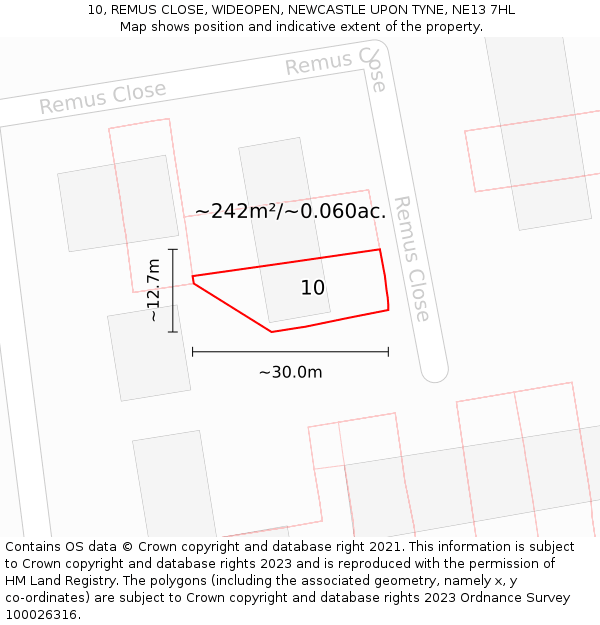 10, REMUS CLOSE, WIDEOPEN, NEWCASTLE UPON TYNE, NE13 7HL: Plot and title map