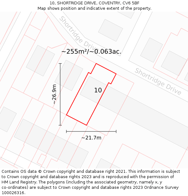 10, SHORTRIDGE DRIVE, COVENTRY, CV6 5BF: Plot and title map