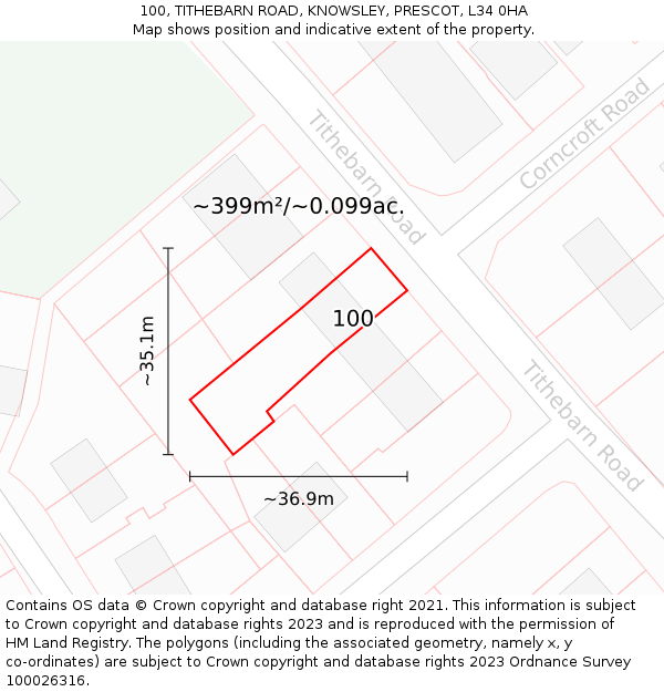 100, TITHEBARN ROAD, KNOWSLEY, PRESCOT, L34 0HA: Plot and title map