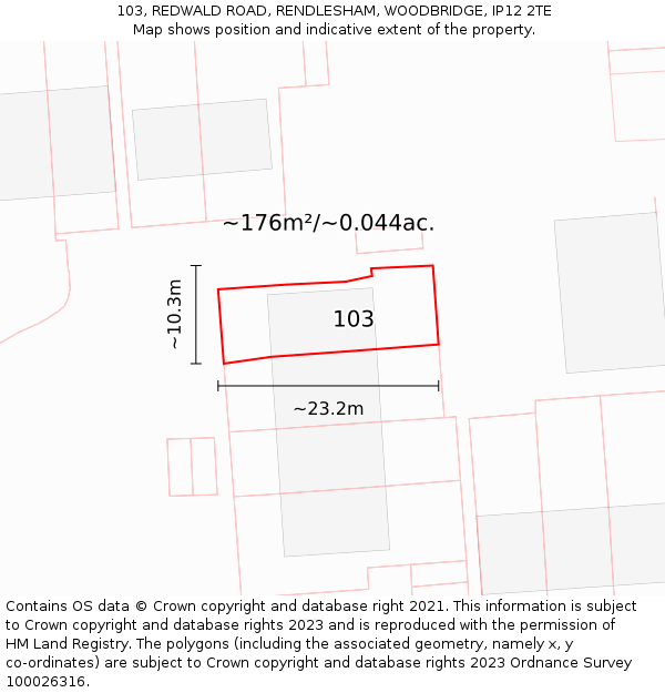 103, REDWALD ROAD, RENDLESHAM, WOODBRIDGE, IP12 2TE: Plot and title map