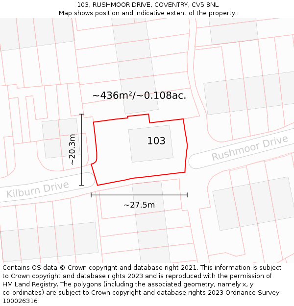103, RUSHMOOR DRIVE, COVENTRY, CV5 8NL: Plot and title map