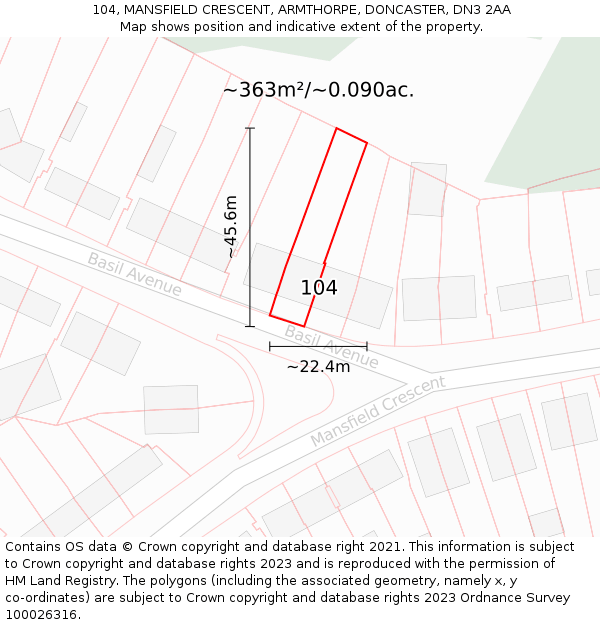 104, MANSFIELD CRESCENT, ARMTHORPE, DONCASTER, DN3 2AA: Plot and title map