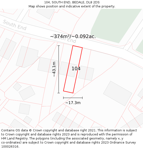 104, SOUTH END, BEDALE, DL8 2DS: Plot and title map