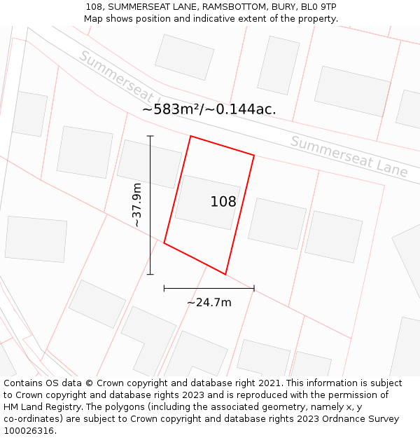 108, SUMMERSEAT LANE, RAMSBOTTOM, BURY, BL0 9TP: Plot and title map