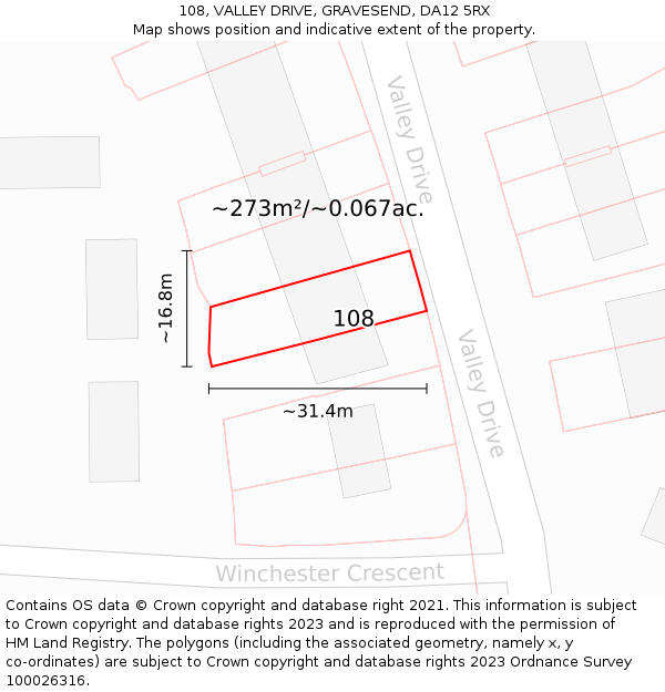 108, VALLEY DRIVE, GRAVESEND, DA12 5RX: Plot and title map