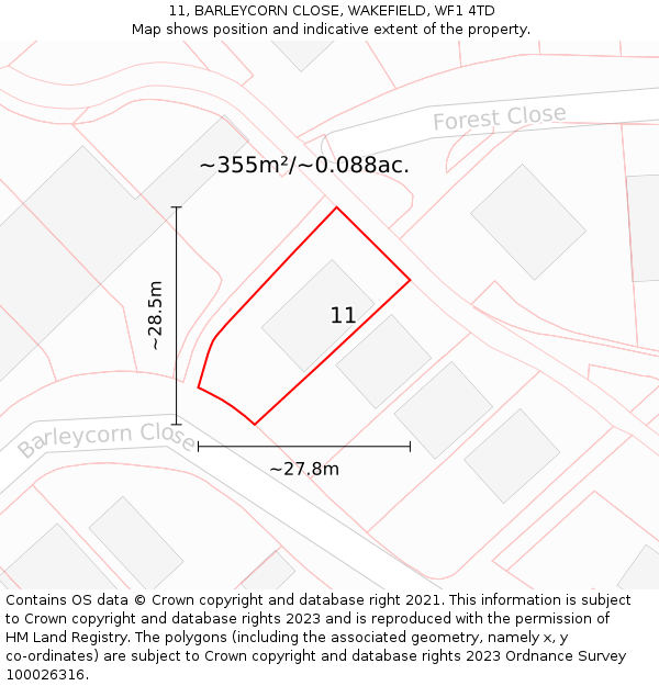 11, BARLEYCORN CLOSE, WAKEFIELD, WF1 4TD: Plot and title map