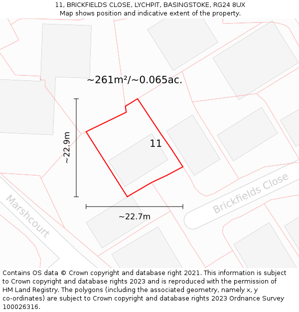 11, BRICKFIELDS CLOSE, LYCHPIT, BASINGSTOKE, RG24 8UX: Plot and title map