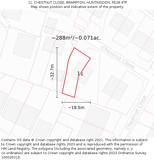 11, CHESTNUT CLOSE, BRAMPTON, HUNTINGDON, PE28 4TP: Plot and title map