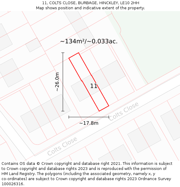 11, COLTS CLOSE, BURBAGE, HINCKLEY, LE10 2HH: Plot and title map