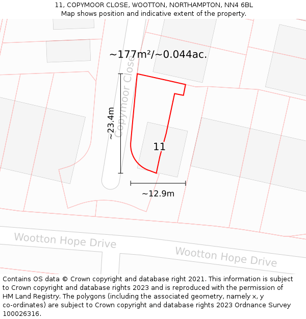 11, COPYMOOR CLOSE, WOOTTON, NORTHAMPTON, NN4 6BL: Plot and title map