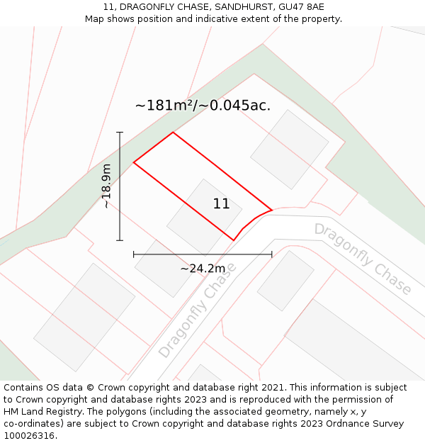11, DRAGONFLY CHASE, SANDHURST, GU47 8AE: Plot and title map