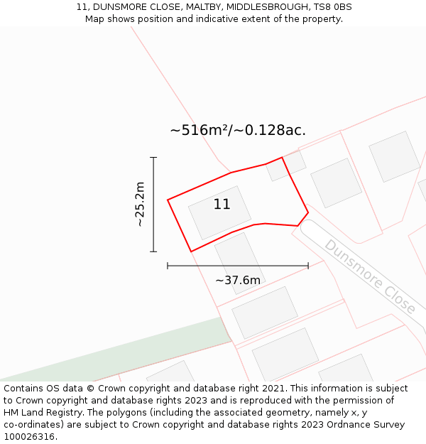 11, DUNSMORE CLOSE, MALTBY, MIDDLESBROUGH, TS8 0BS: Plot and title map