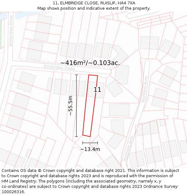 11, ELMBRIDGE CLOSE, RUISLIP, HA4 7XA: Plot and title map