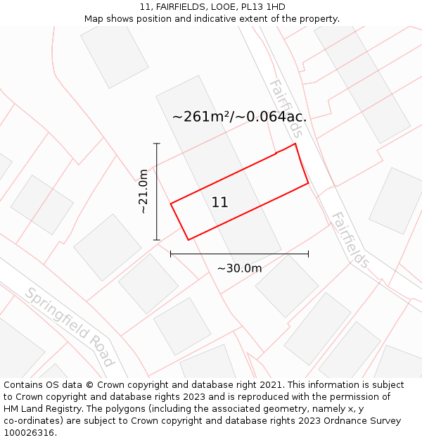 11, FAIRFIELDS, LOOE, PL13 1HD: Plot and title map