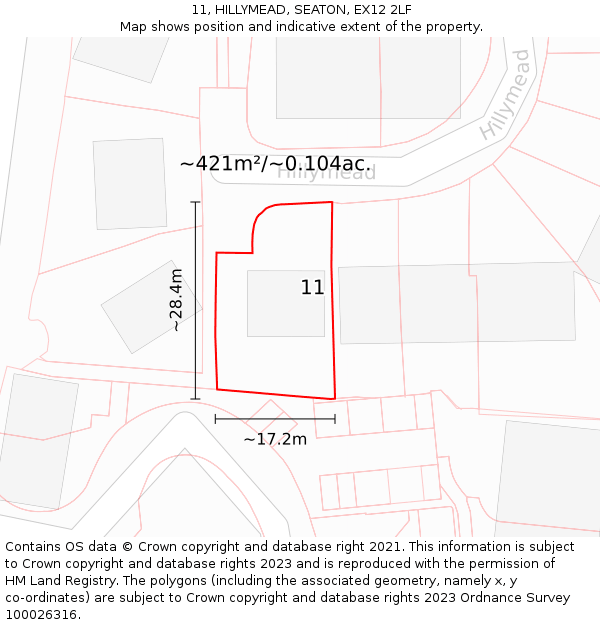 11, HILLYMEAD, SEATON, EX12 2LF: Plot and title map