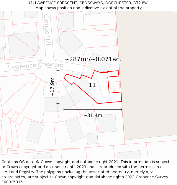 11, LAWRENCE CRESCENT, CROSSWAYS, DORCHESTER, DT2 8WL: Plot and title map