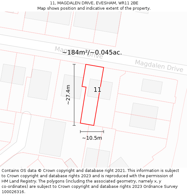 11, MAGDALEN DRIVE, EVESHAM, WR11 2BE: Plot and title map