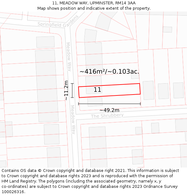 11, MEADOW WAY, UPMINSTER, RM14 3AA: Plot and title map