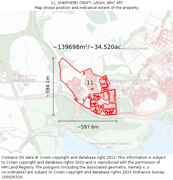 11, SHEPHERD CROFT, LEIGH, WN7 4RT: Plot and title map