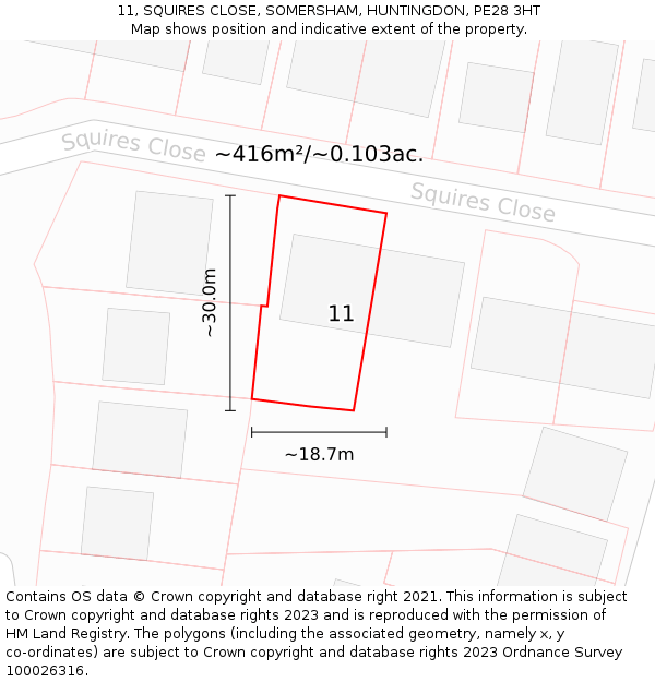 11, SQUIRES CLOSE, SOMERSHAM, HUNTINGDON, PE28 3HT: Plot and title map
