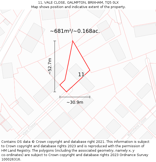 11, VALE CLOSE, GALMPTON, BRIXHAM, TQ5 0LX: Plot and title map