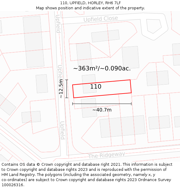 110, UPFIELD, HORLEY, RH6 7LF: Plot and title map