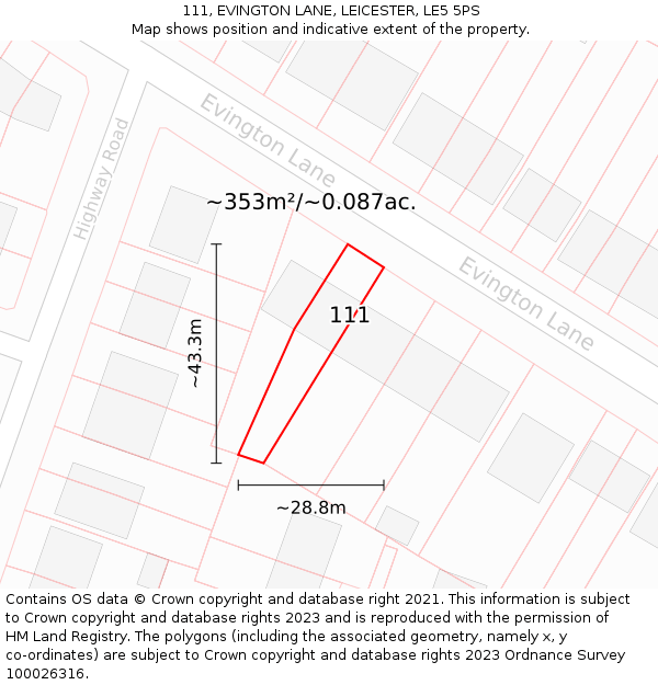 111, EVINGTON LANE, LEICESTER, LE5 5PS: Plot and title map
