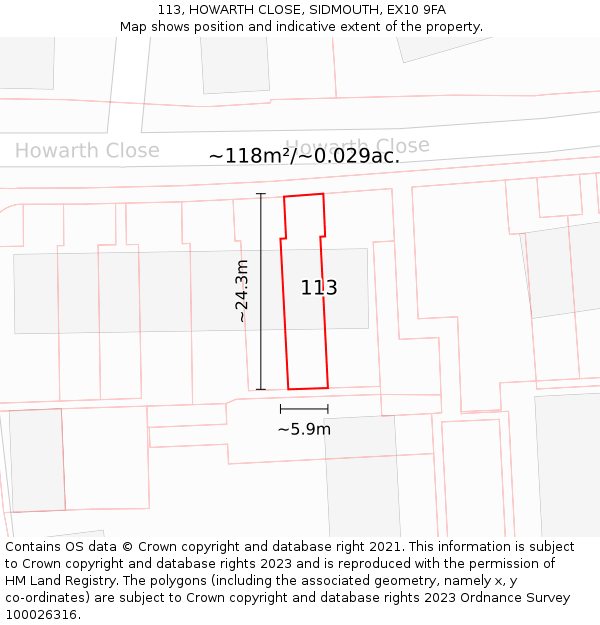 113, HOWARTH CLOSE, SIDMOUTH, EX10 9FA: Plot and title map