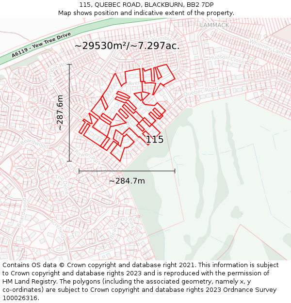 115, QUEBEC ROAD, BLACKBURN, BB2 7DP: Plot and title map