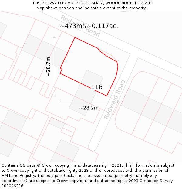 116, REDWALD ROAD, RENDLESHAM, WOODBRIDGE, IP12 2TF: Plot and title map