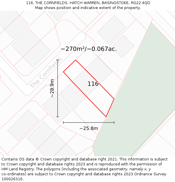 116, THE CORNFIELDS, HATCH WARREN, BASINGSTOKE, RG22 4QD: Plot and title map