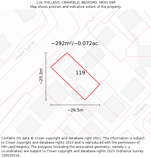 119, THILLANS, CRANFIELD, BEDFORD, MK43 0WP: Plot and title map