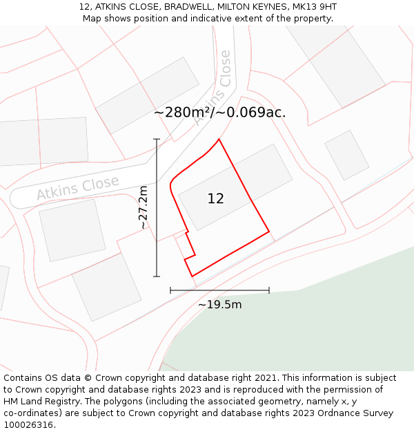 12, ATKINS CLOSE, BRADWELL, MILTON KEYNES, MK13 9HT: Plot and title map