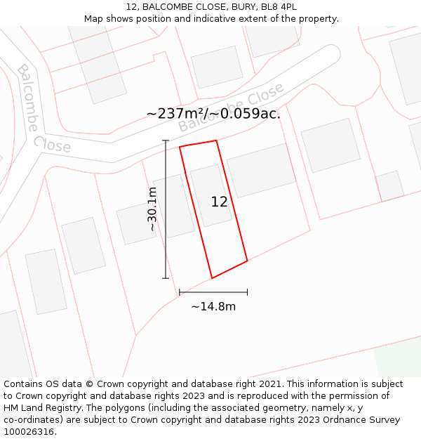 12, BALCOMBE CLOSE, BURY, BL8 4PL: Plot and title map