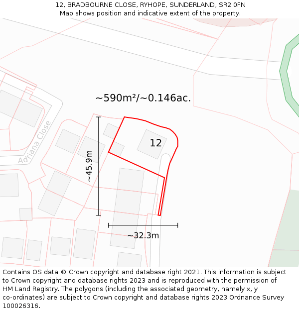 12, BRADBOURNE CLOSE, RYHOPE, SUNDERLAND, SR2 0FN: Plot and title map