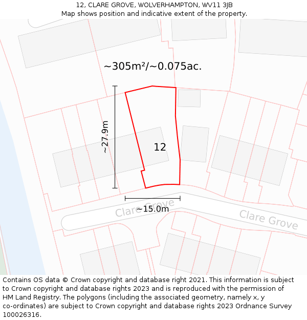 12, CLARE GROVE, WOLVERHAMPTON, WV11 3JB: Plot and title map