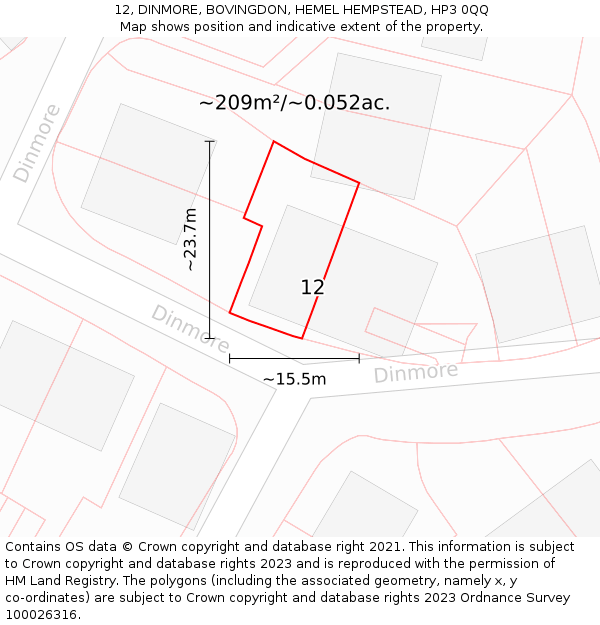 12, DINMORE, BOVINGDON, HEMEL HEMPSTEAD, HP3 0QQ: Plot and title map