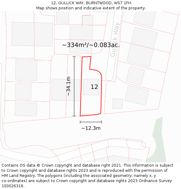 12, GULLICK WAY, BURNTWOOD, WS7 1FH: Plot and title map