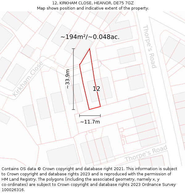 12, KIRKHAM CLOSE, HEANOR, DE75 7GZ: Plot and title map