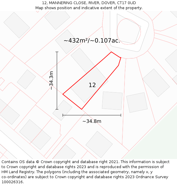 12, MANNERING CLOSE, RIVER, DOVER, CT17 0UD: Plot and title map